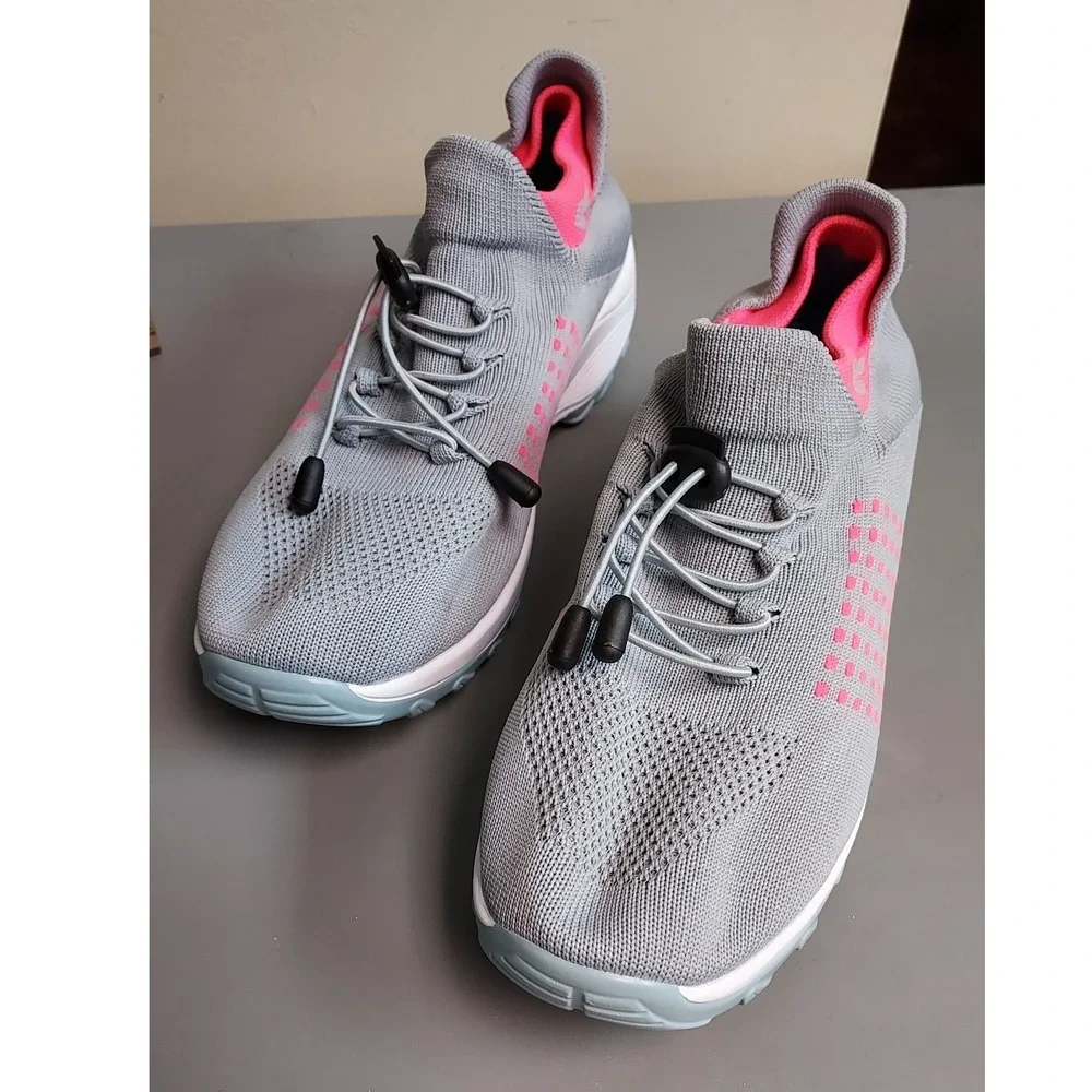 MDDR TikTok Walking Shoes Womens 10 Gray Pink Bungee Lace Knit Mesh Sneakers